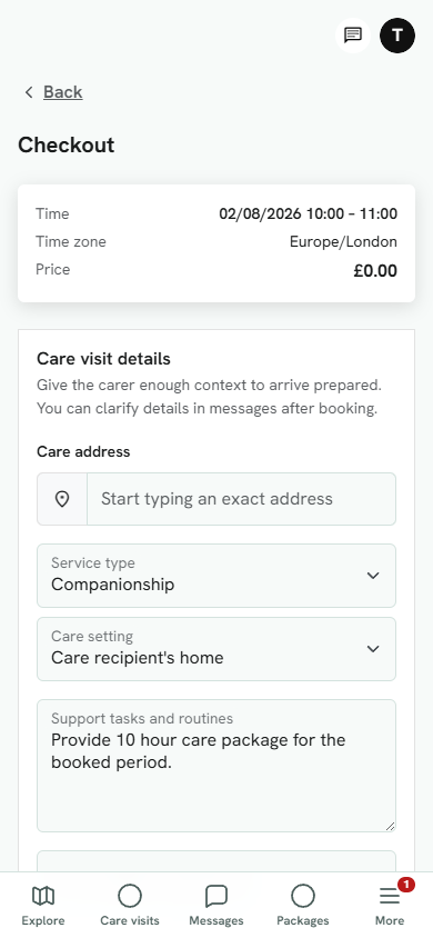 Client choosing an available care visit included in a package