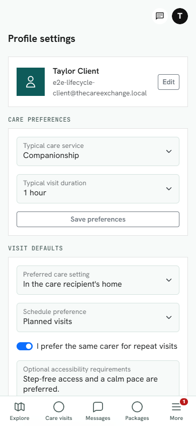 TheCareExchange client care and visit preferences